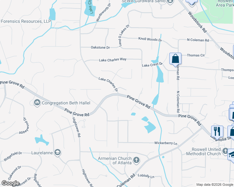 map of restaurants, bars, coffee shops, grocery stores, and more near Lake Charles Drive in Roswell