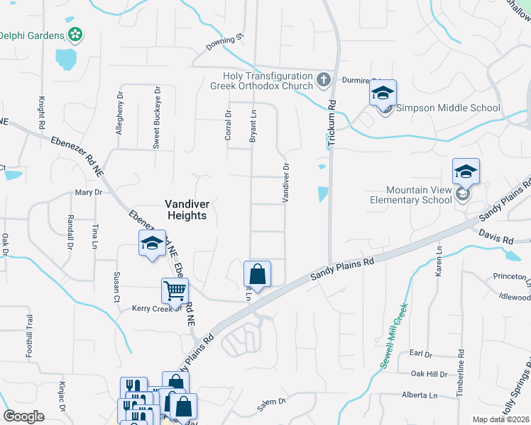 map of restaurants, bars, coffee shops, grocery stores, and more near 2289 Lavender Drive in Marietta