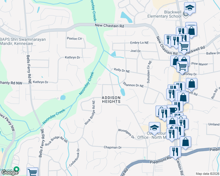 map of restaurants, bars, coffee shops, grocery stores, and more near 496 Shannon Drive Northeast in Marietta