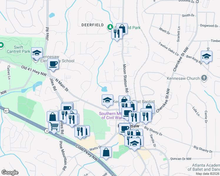 map of restaurants, bars, coffee shops, grocery stores, and more near 2355 Whispering Drive Northwest in Kennesaw