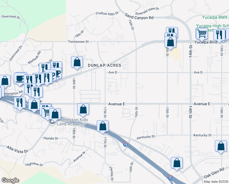 map of restaurants, bars, coffee shops, grocery stores, and more near 31969 Monet Place in Yucaipa