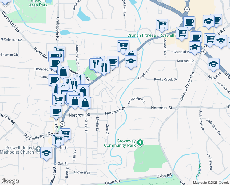 map of restaurants, bars, coffee shops, grocery stores, and more near 1709 Liberty Lane in Roswell