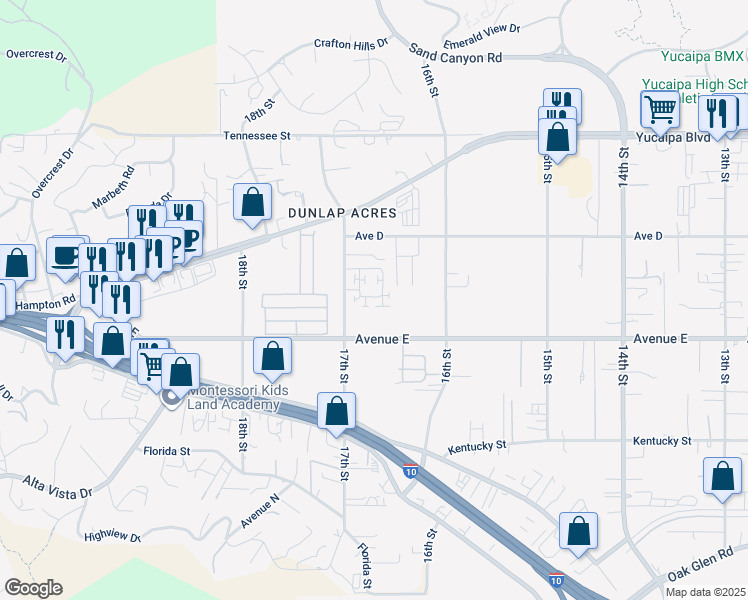 map of restaurants, bars, coffee shops, grocery stores, and more near 12341 Rembrandt Way in Yucaipa