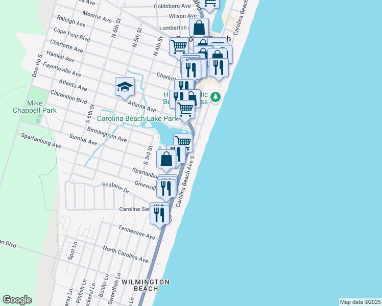 map of restaurants, bars, coffee shops, grocery stores, and more near 616 Carolina Beach Avenue South in Carolina Beach