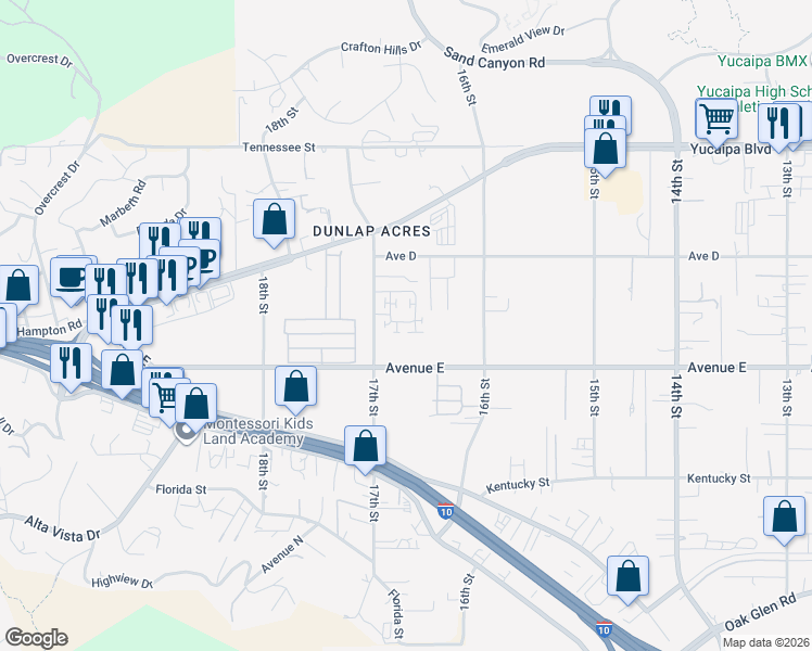 map of restaurants, bars, coffee shops, grocery stores, and more near 31969 Monet Place in Yucaipa
