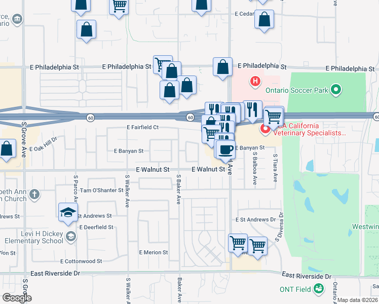 map of restaurants, bars, coffee shops, grocery stores, and more near 2532 South Quaker Ridge Place in Ontario