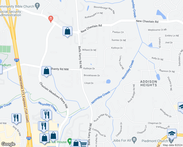 map of restaurants, bars, coffee shops, grocery stores, and more near 97 Brookhaven Drive Northeast in Marietta