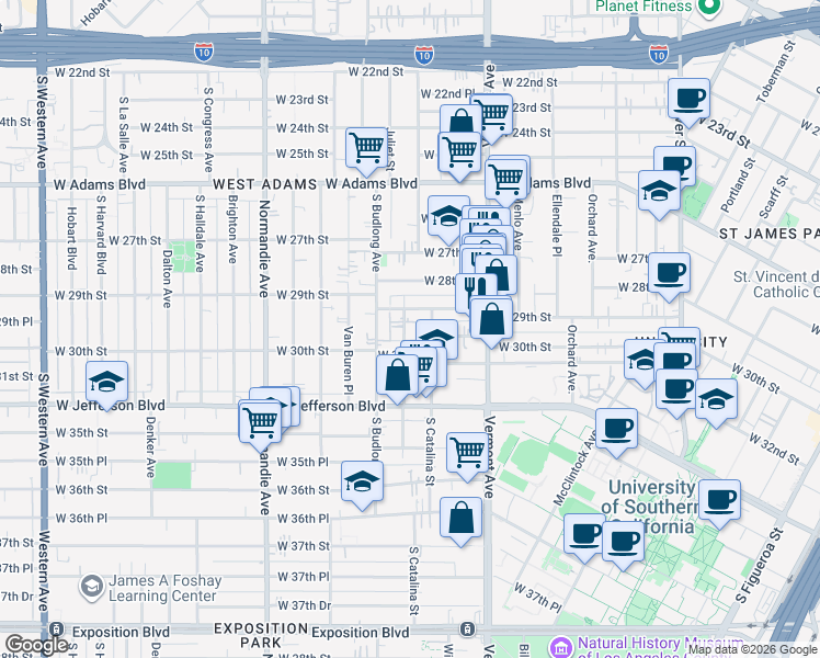 map of restaurants, bars, coffee shops, grocery stores, and more near 2922 1/2 Walton Avenue in Los Angeles