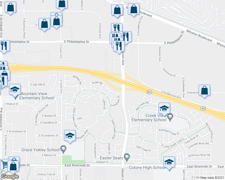 map of restaurants, bars, coffee shops, grocery stores, and more near 3329 Antler Road in Ontario