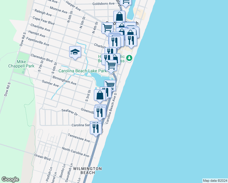 map of restaurants, bars, coffee shops, grocery stores, and more near 608 Carolina Beach Avenue South in Carolina Beach