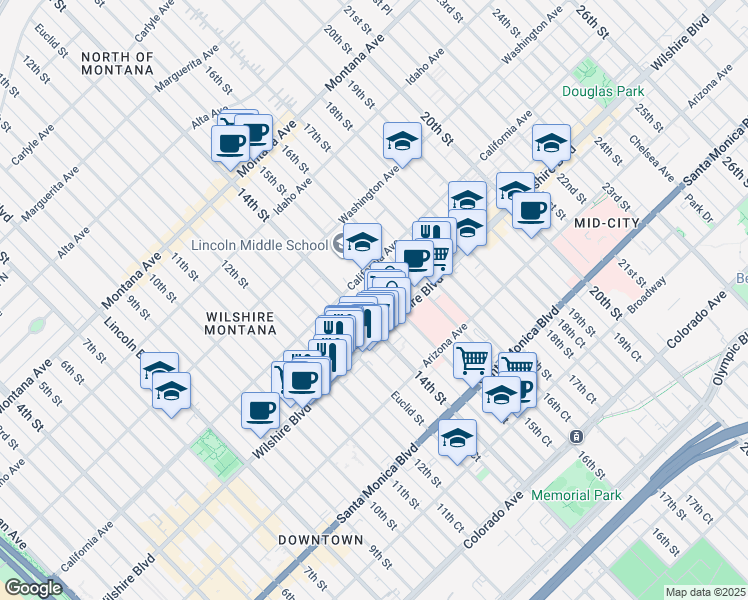 map of restaurants, bars, coffee shops, grocery stores, and more near 1128 15th Street in Santa Monica