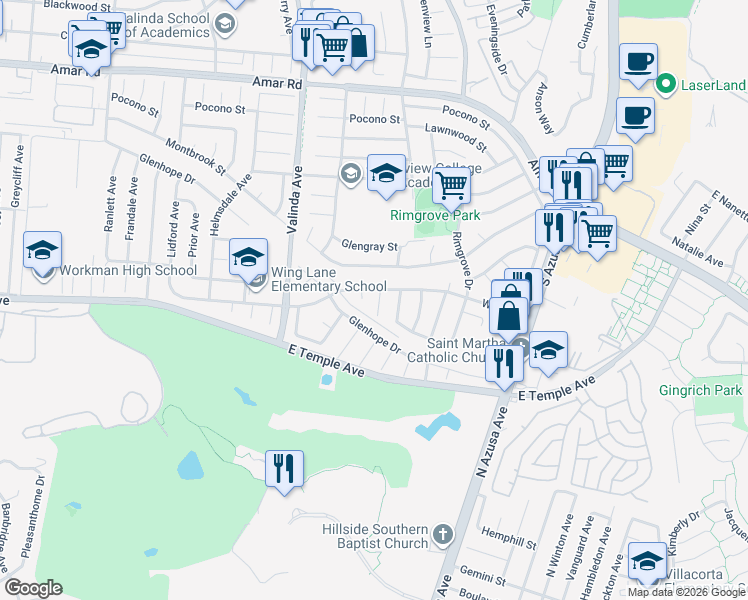 map of restaurants, bars, coffee shops, grocery stores, and more near 529 Raminda Avenue in La Puente