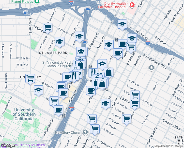 map of restaurants, bars, coffee shops, grocery stores, and more near 403b South Hope Street in Los Angeles