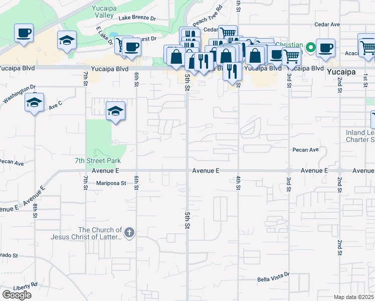 map of restaurants, bars, coffee shops, grocery stores, and more near Pecan Avenue in Yucaipa