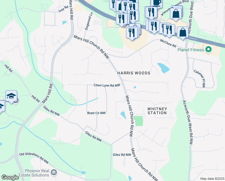 map of restaurants, bars, coffee shops, grocery stores, and more near 3009 Bruce Court in Acworth