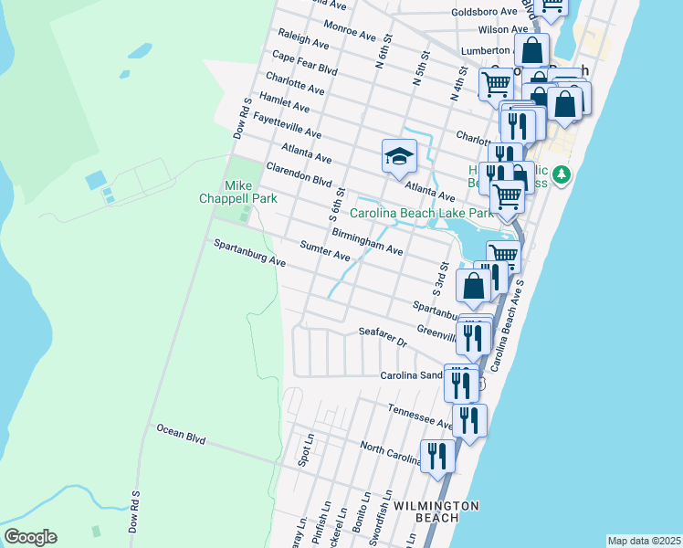 map of restaurants, bars, coffee shops, grocery stores, and more near 504 Spartanburg Avenue in Carolina Beach