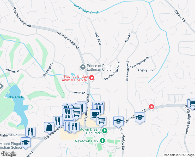 map of restaurants, bars, coffee shops, grocery stores, and more near 10215 Alvin Road in Alpharetta
