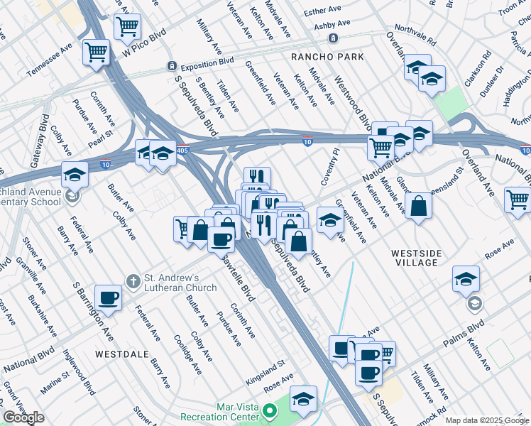 map of restaurants, bars, coffee shops, grocery stores, and more near in Los Angeles