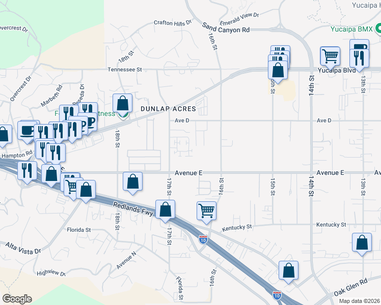 map of restaurants, bars, coffee shops, grocery stores, and more near 12361 Van Gogh Place in Yucaipa