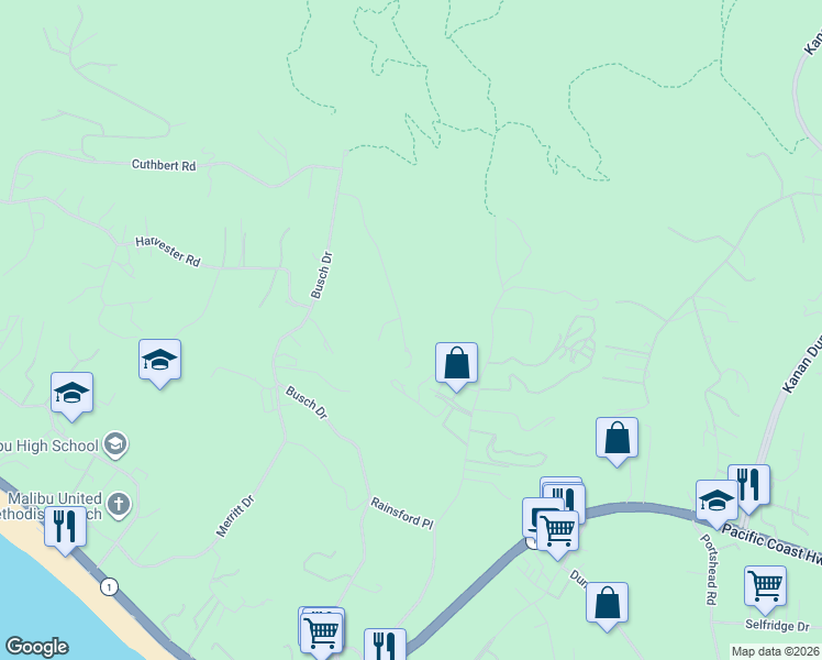map of restaurants, bars, coffee shops, grocery stores, and more near 5792 Calpine Drive in Malibu