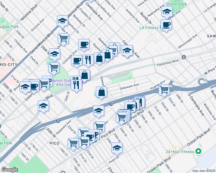 map of restaurants, bars, coffee shops, grocery stores, and more near 2820 Exposition Boulevard in Santa Monica