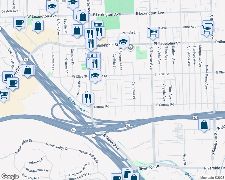 map of restaurants, bars, coffee shops, grocery stores, and more near 2418 Angela Street in Pomona