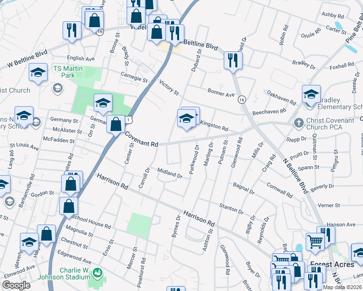 map of restaurants, bars, coffee shops, grocery stores, and more near 2726 Covenant Road in Columbia