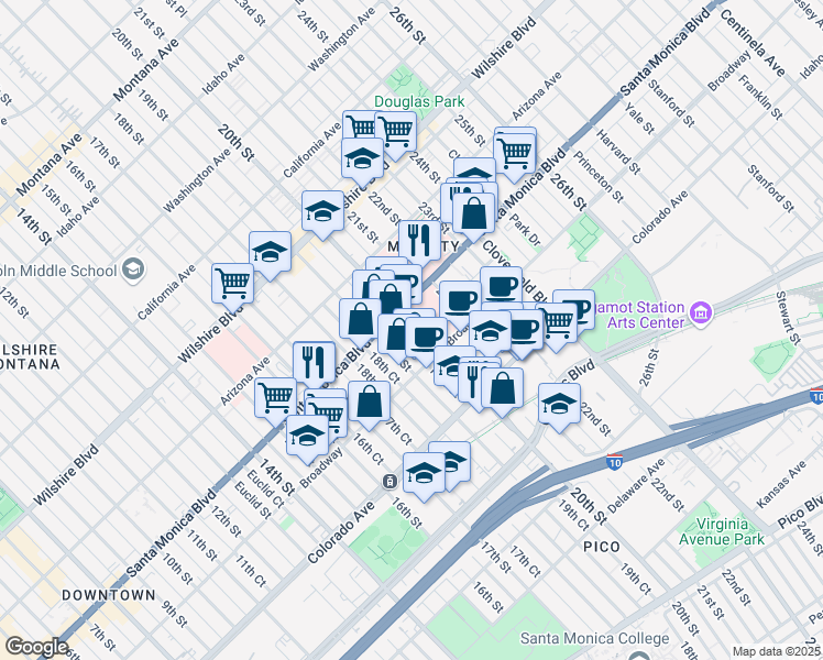 map of restaurants, bars, coffee shops, grocery stores, and more near 1450 20th Street in Santa Monica