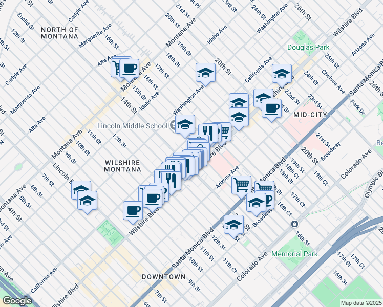 map of restaurants, bars, coffee shops, grocery stores, and more near 1128 15th Street in Santa Monica