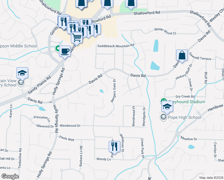 map of restaurants, bars, coffee shops, grocery stores, and more near 3079 Aberdeen Court in Marietta