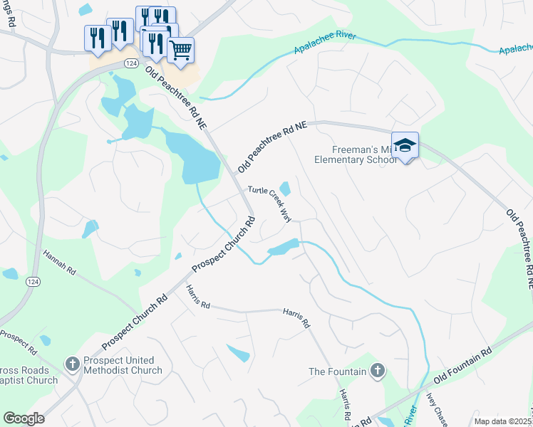 map of restaurants, bars, coffee shops, grocery stores, and more near 1652 Blue Heron Court in Lawrenceville