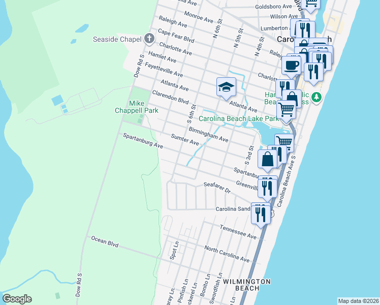 map of restaurants, bars, coffee shops, grocery stores, and more near 512 Greenville Avenue in Carolina Beach