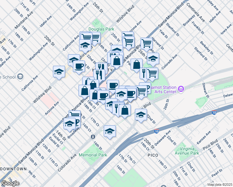 map of restaurants, bars, coffee shops, grocery stores, and more near 2020 Broadway in Santa Monica