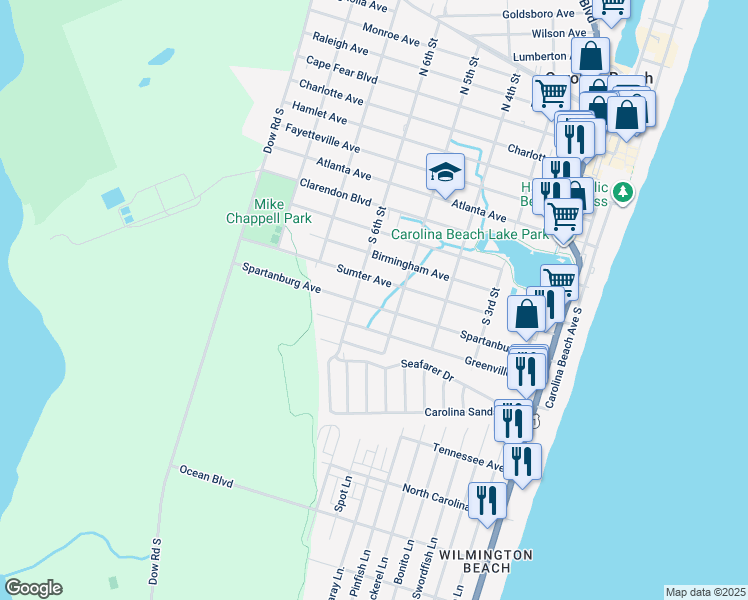 map of restaurants, bars, coffee shops, grocery stores, and more near 510 Spartanburg Avenue in Carolina Beach