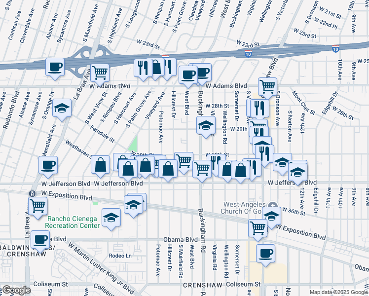 map of restaurants, bars, coffee shops, grocery stores, and more near 4418 West 30th Street in Los Angeles