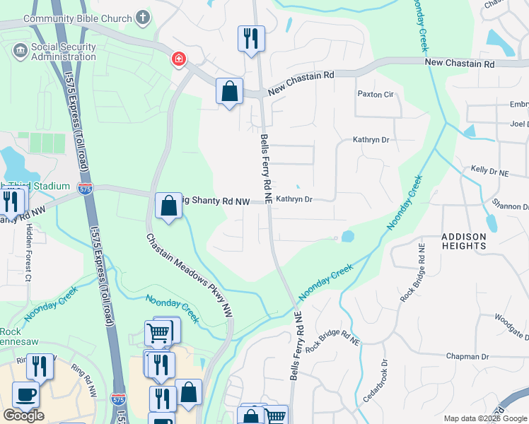 map of restaurants, bars, coffee shops, grocery stores, and more near 3169 Bellestone Court in Marietta