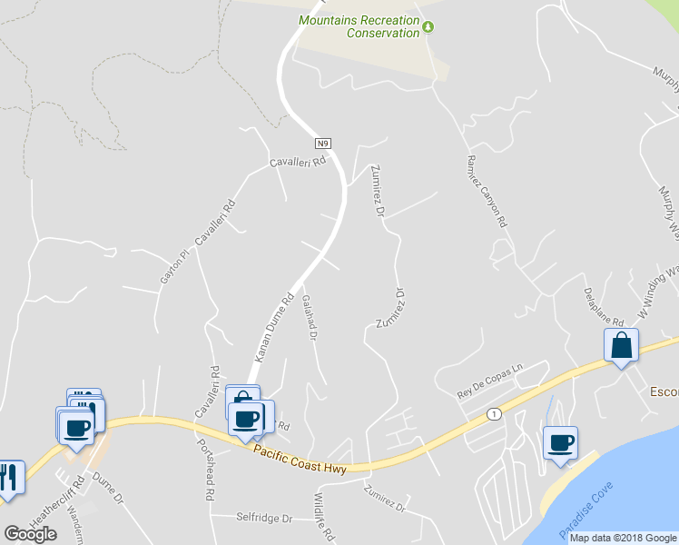 map of restaurants, bars, coffee shops, grocery stores, and more near 28802 Teal Terrace in Malibu