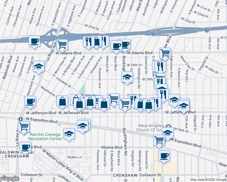 map of restaurants, bars, coffee shops, grocery stores, and more near 2947 West Boulevard in Los Angeles