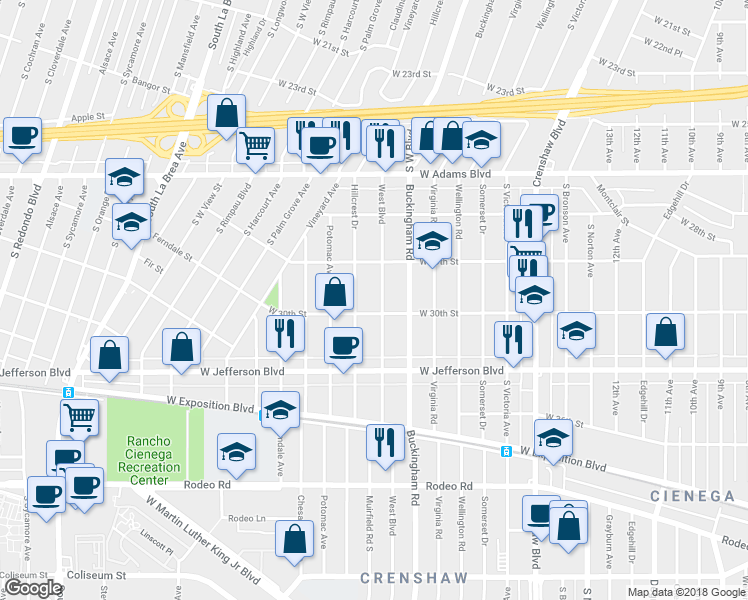 map of restaurants, bars, coffee shops, grocery stores, and more near 2947 West Boulevard in Los Angeles