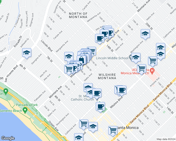 map of restaurants, bars, coffee shops, grocery stores, and more near 838 10th Street in Santa Monica