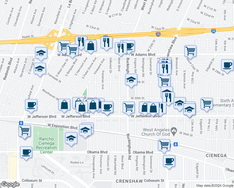 map of restaurants, bars, coffee shops, grocery stores, and more near 2947 West Boulevard in Los Angeles