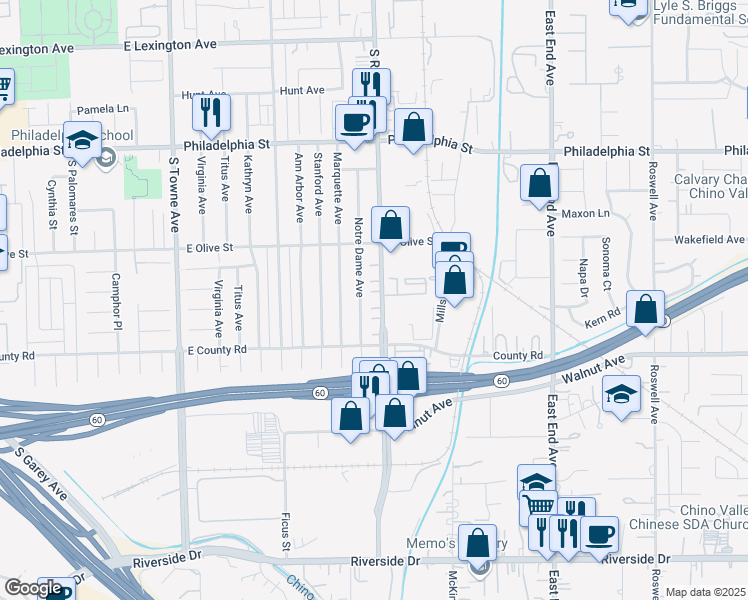 map of restaurants, bars, coffee shops, grocery stores, and more near 2417 South Reservoir Street in Pomona