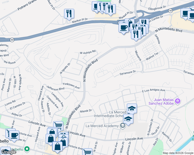 map of restaurants, bars, coffee shops, grocery stores, and more near 1300 North Montebello Boulevard in Montebello