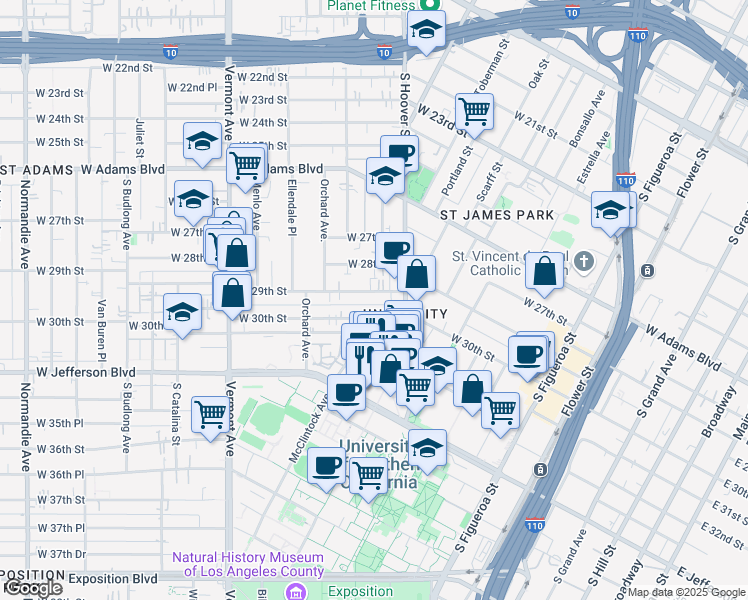 map of restaurants, bars, coffee shops, grocery stores, and more near 1057 West 30th Street in Los Angeles