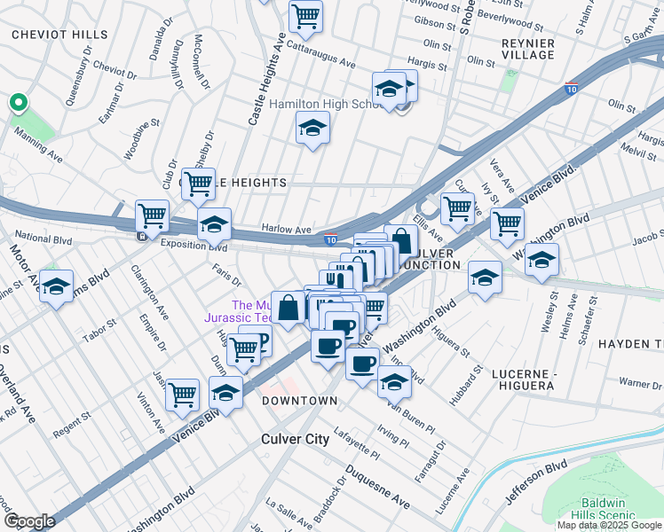 map of restaurants, bars, coffee shops, grocery stores, and more near 3734 South Canfield Avenue in Los Angeles