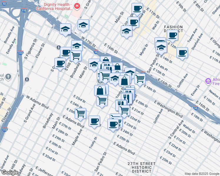map of restaurants, bars, coffee shops, grocery stores, and more near 424 East 20th Street in Los Angeles