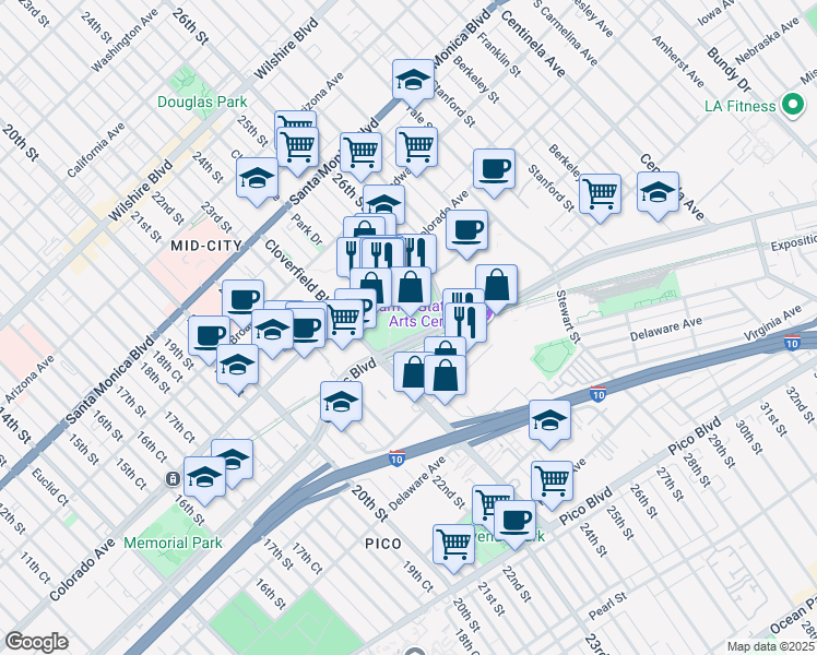 map of restaurants, bars, coffee shops, grocery stores, and more near 2425 Olympic Boulevard in Santa Monica