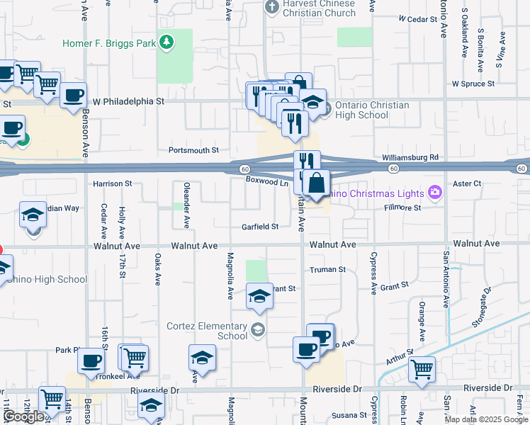 map of restaurants, bars, coffee shops, grocery stores, and more near 6170 Garfield Street in Chino