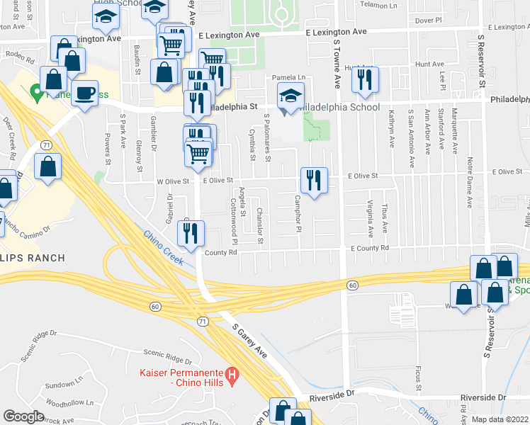 map of restaurants, bars, coffee shops, grocery stores, and more near 2435 Chanslor Street in Pomona