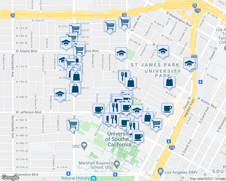 map of restaurants, bars, coffee shops, grocery stores, and more near 1057 West 30th Street in Los Angeles
